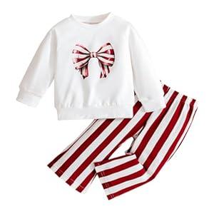 VZF Baby Girl Clothes Long Sleeve Fall Outfits Toddler Sweatsuit Striped Flare Pants, Red, 12-18M