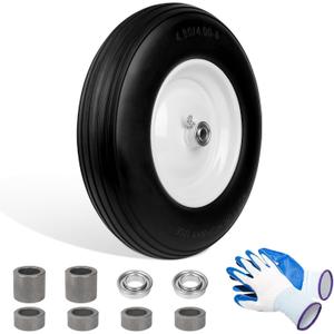 4.80/4.00-8 Flat Free Tire, 14.5" Wheelbarrow Tires with 3" - 7" Centered Hub, 3/4" or 5/8" Bushing, Universal Replacement Wheels Fits for 3.50/2.50-8, 4.00-6, 4.00-8, 1 Pack, Outdoor Use