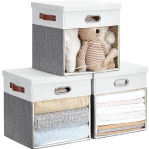 Fabric Storage Cubes with Clear Windows and Lids, 13'' Foldable Storage Bins with 3 Handles, Decorative Storage Boxes for Home, Bedroom, Closet, Office (Gray & White)