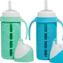 Tabor Place Set of 2 - Glass Sippy Cup for Toddlers - The Luca | Spill-Proof | Silicone Straw | Mint Green & Indigo Purple | 8 oz | Liquids Never Touch Plastic | Removable Handles (blue/green)
