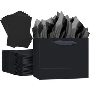 Qiqee 5PCS Black Gift Bags with Ribbon Handles 9.6"x7.9"x4.3" Medium Size Gift Bags (Tissue Paper included, Medium Wide)