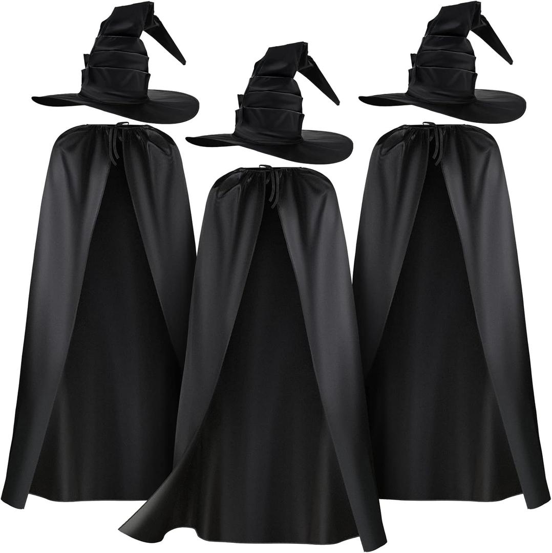 Coume 3 Pcs Halloween Witch Hat Black Large Ruched Witch Hat and 3 Pcs Witches Cape Black Cosplay Cloak Women Costume Accessory for Halloween Cosplay Carnival Party