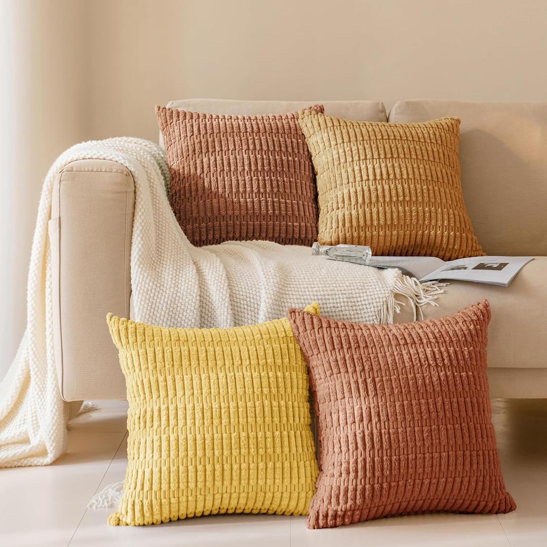 Softalker Fall Throw Pillow Covers 22x22 Inch, Set of 4, Corduroy Soft Striped Farmhouse Boho Pillow Cover, Modern Farmhouse Boho Autumn Home Decor for Living Room Bed Sofa, Orange/Rust