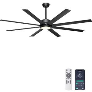 Ohniyou 60'' Ceiling Fan with Lights, Industrial Ceiling Fan with 5 Aluminum Blades, App/Remote Controlled, Dimmable, for Outdoor Patio, Living Room, Black