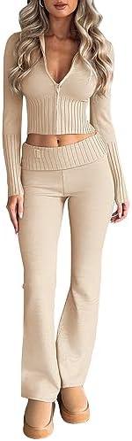 LILLUSORY Women's 2 Piece Knit Sets Slim Fit Zip Up Hooded Flare Leg Pants Set Sweatsuit Small