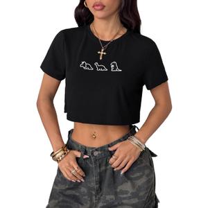 SweatyRocks Women's Casual Short Sleeve Crop Top Round Neck Tee Shirt (Black, M)