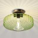 Semi Flush Mount Ceiling Light, 11.8" Mid Century Modern 1-Light Close to Ceiling Light Fixtures with Drum Green Glass Shade for Bedroom Entryway Hallway Porch Foyer