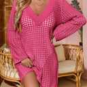 Saodimallsu Women Crochet Cover Up Long Sleeve Deep V Neck Hollow Out Sweater Oversized Beach Mini Dress Bathing Suit Coverup (Pink)
