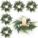 6 PCS 3 Inch Spring Summer Candle Rings Wreaths Mini Green Candle Rings Wreath Artificial Wreath with Eucalyptus Leaves and White Berries for Wedding Party Table Farmhouse Home Decorations
