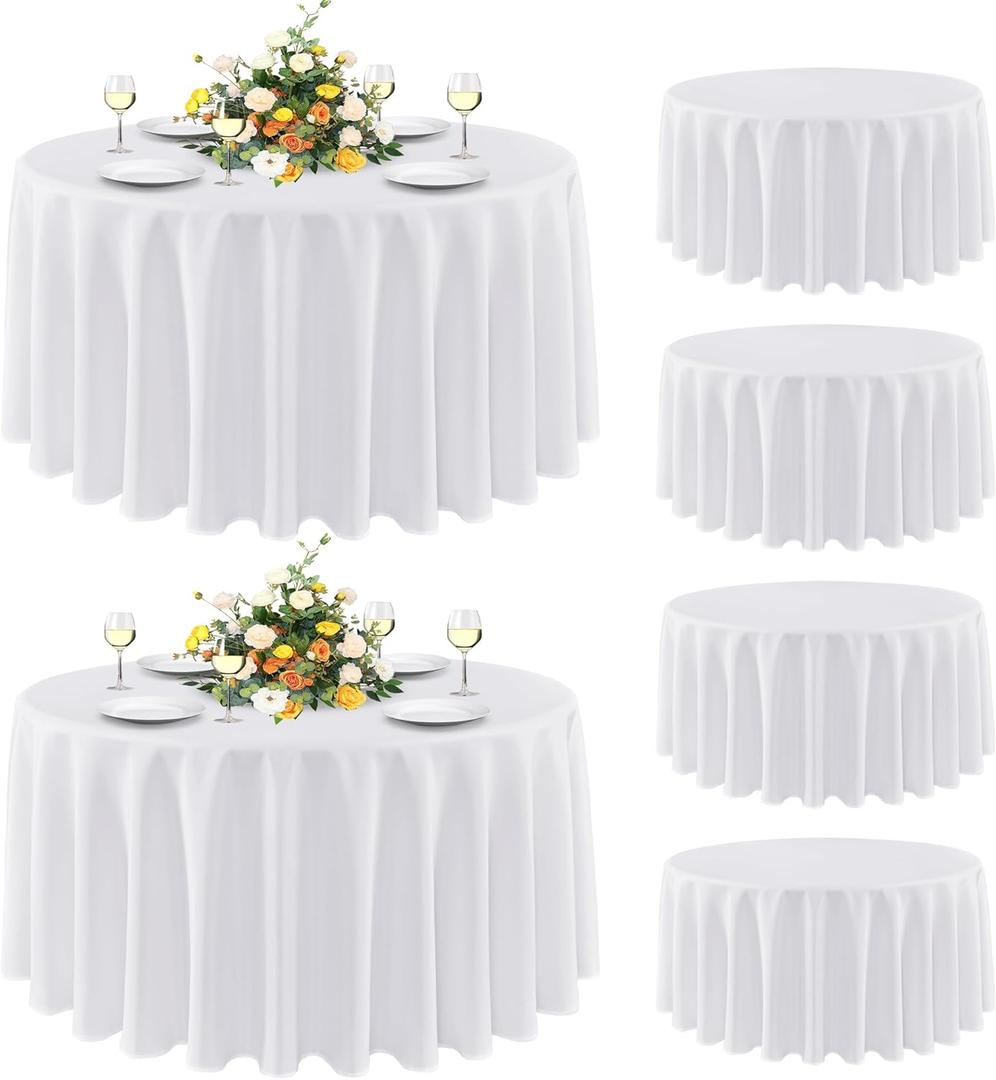 sancua 6 Pack Round Tablecloth 120 Inch White, Stain and Wrinkle Resistant Table Cloth - Washable Polyester Table Cover for Dining Tables, Buffet Parties and Camping