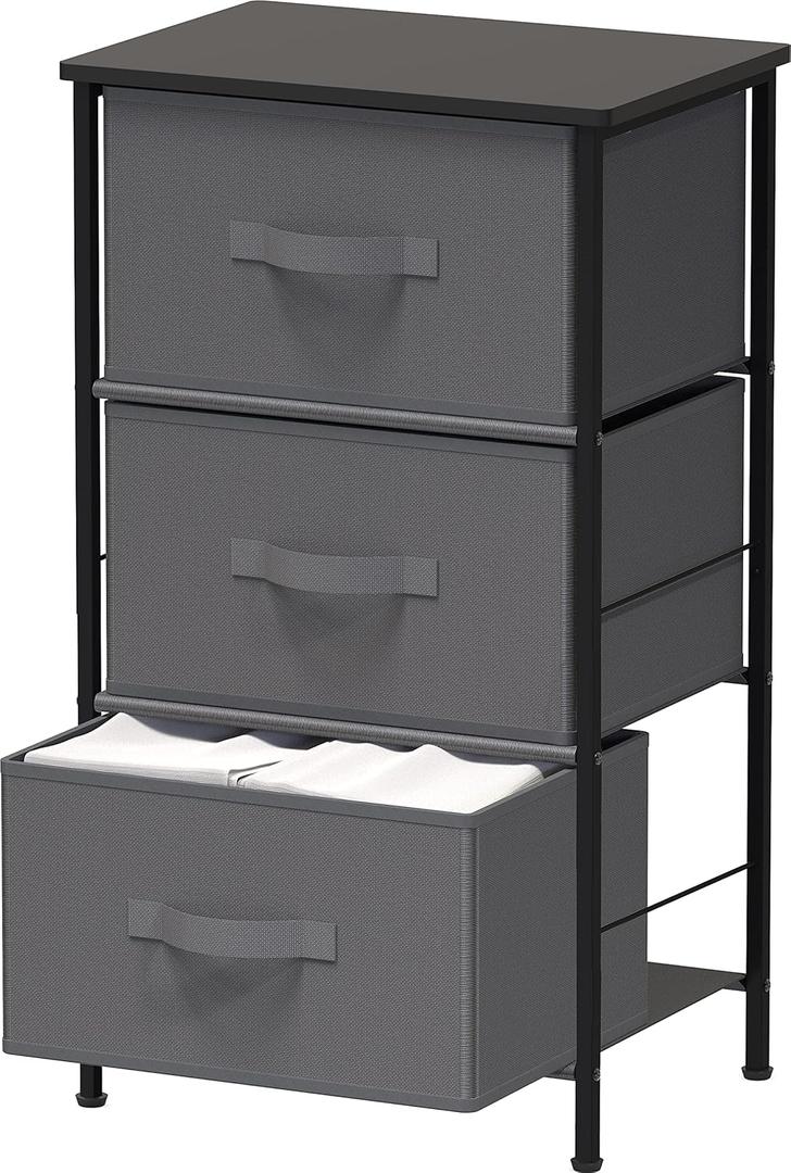 3 Drawer Nightstand Dresser with Wood Top, Dark Grey