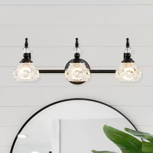 3-Light Vintage Bathroom Vanity Light Fixture Bathroom Lighting Black Finish with Crystal Glass