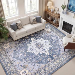 Washable Area Rug 9x12, Vintage Floral Carpet | Low pile faux wool for living room. TPR non-slip base, Robot friendly & pet safe. Washable aesthetic persian indoor decor.