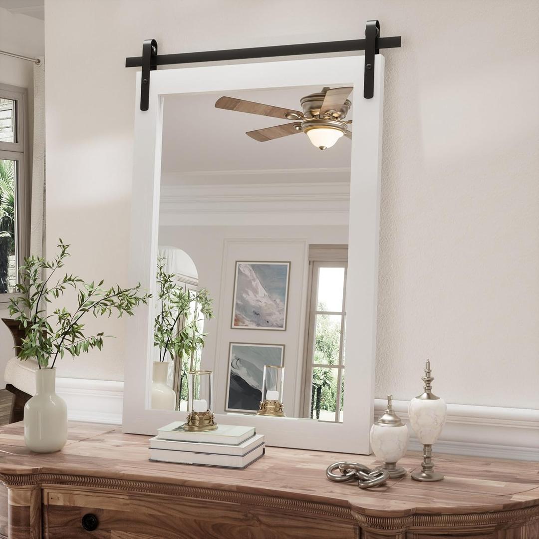 Farmhouse Bathroom Mirror, White Rustic Square Mirror for Wall Wood Framed Vanity Mirrors, Barn Door Style Decor Living Room Entryway Bedroom Mirrors, 18x26INCH (Hanging/Leaning) (26"L x 18"W, White)