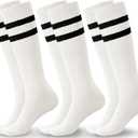 Haloumoning 3 Pairs Boys Soccer Athletic Socks Kids Striped Football Knee High Uniform Sports Tube Socks 4-15 Years (White)