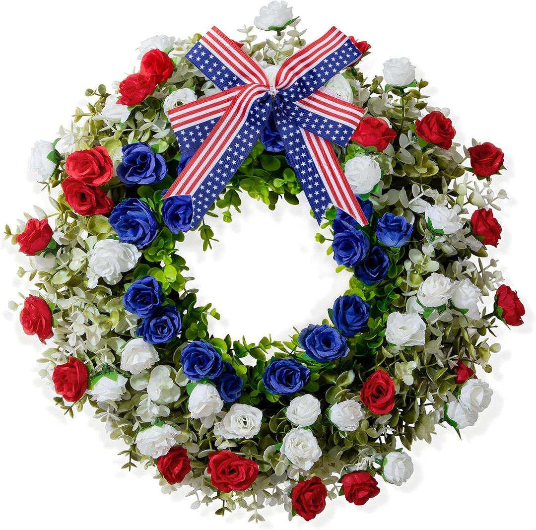 Taybonds 4th of July Patriotic Wreath for Front Door – 21” Handcrafted Red, White & Blue Flower Wreath Decoration for Independence Day, Memorial Day, Veterans Day, and Home Outdoor Front Porch Decor