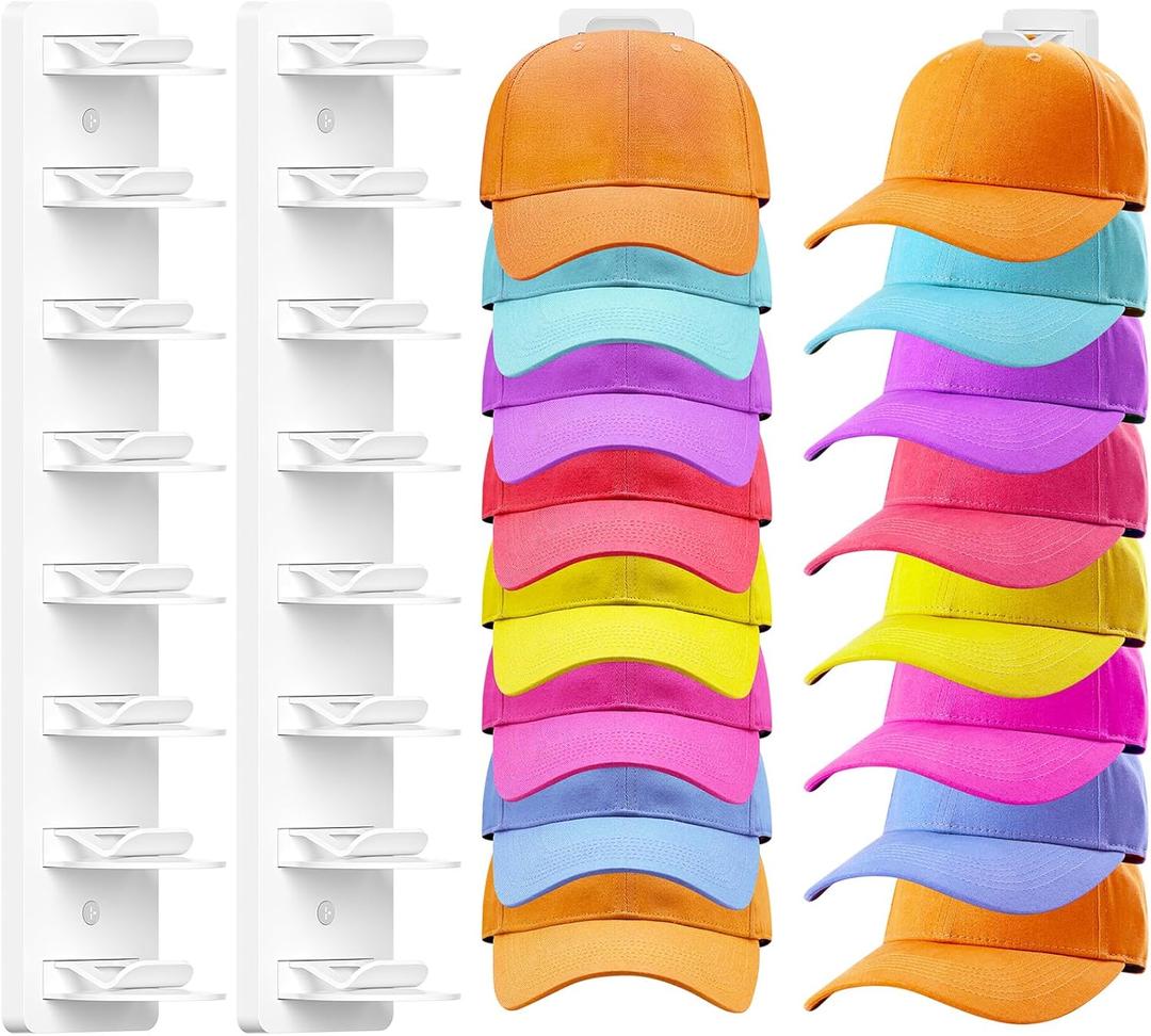 2 Pack Hat Organizer for Baseball Caps, Hat Rack for Wall Hold Up 16 Hats, Strong Adhesive & Screw-in Cap Holder hat hangers for Closet Door & Bedroom (White-2Pcak)