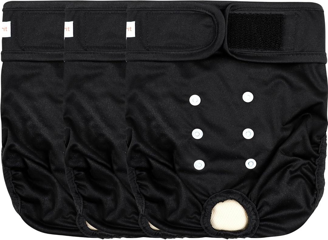 Langsprit Washable Female Dog Diapers (3 Pack) - No Leak Reusable Diapers for Doggy Female in Period - Highly Absorbent Dog Heat Panties with Adjustable Snaps Black L Size