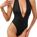 Milumia Women's Deep V Neck Halter Bodysuit Sexy Backless Slim Fit Going Out Top S