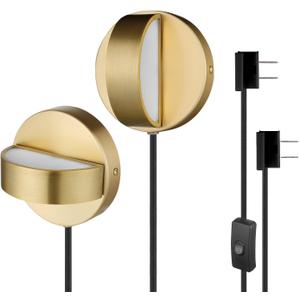 Globe Electric 51849 LED Integrated Plug-in or Hardwire Wall Sconce 2-Pack, Matte Brass, 350 Degree Rotation, 16 W, 200 Lumens, 3000 Kelvin, Lights for Bedroom Plug in
