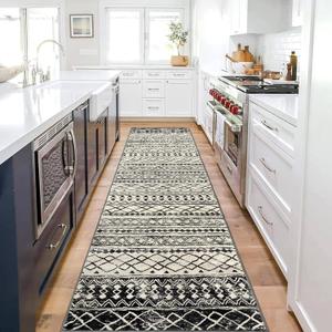 KUTA Moroccan Washable Runner Rug, 2.6x10 Non-Slip Vintage Black Navy Blue Boho Hallway Kitchen Rugs Ultra Soft Geometric Floor Carpet Runners for Bedroom Laundry Living Room (2'7" x 10' (Runner), Beige/Black Navy Blue)