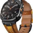 Suitisbest Genuine Leather Band Compatible with Samsung Galaxy Watch Ultra Bands 47mm for 2025 2024, No Gap Designer Rugged Strap with Metal Connectors for Men, Ideal Birthday Gift for Him (Light Brown | Black Connectors)