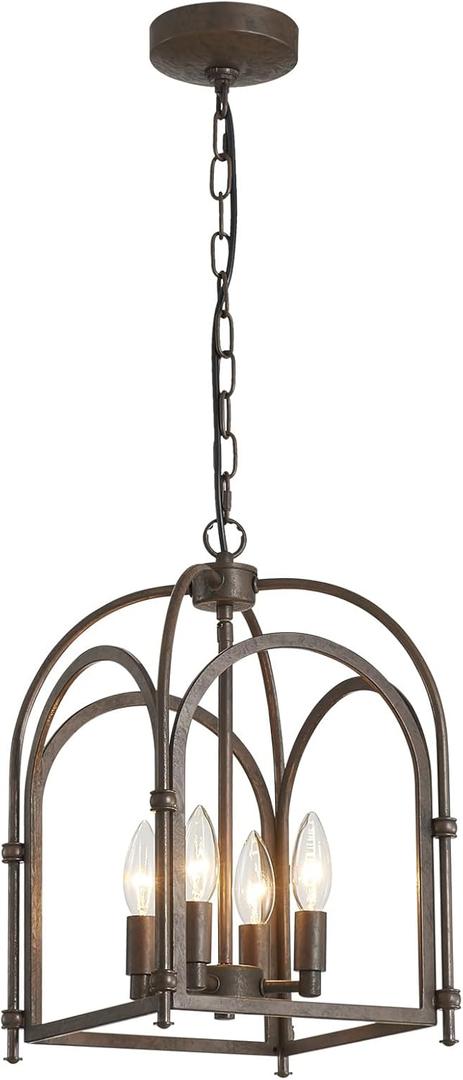4-Light Chandeliers, Farmhouse Chandelier for Dining Room Light Fixtures, Lantern Metal Kitchen Pendant Light Fixtures, Rustic Cage Chandelier for Bedroom Living Room Kitchen Island Hallway (AJ-029-rust)