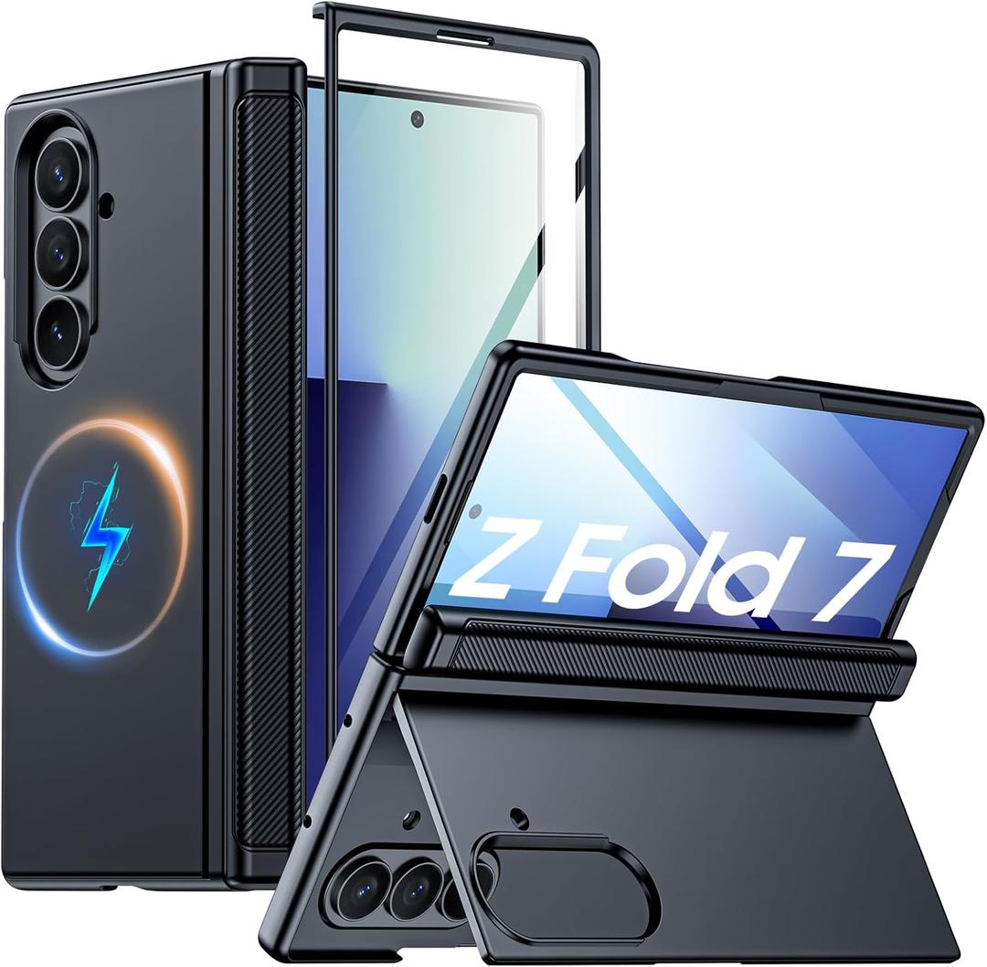 Vizvera for Samsung Galaxy Z Fold 7 Case with Magnetic Power [Hidden Kickstand][Screen Protector][Hinge Protection] Slim Shockproof Protective Phone Case for Galaxy Z Fold 7(Black)