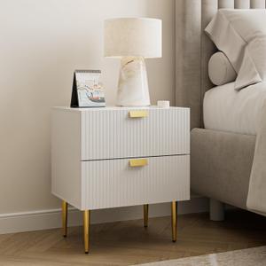 Nightstand with Drawers, Large Fluted Night Stand, End Table for Living Room, Mid Century Modern Bedside Table for Bedroom (11-White Stripe, 2 Drawers)