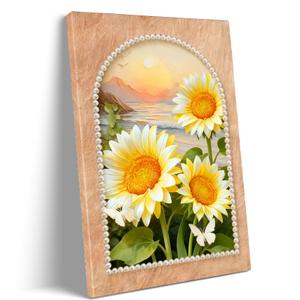 Sunflower Sunset Canvas Wall Art Framed Warm Sunshine Flower Poster Decor, Size: 24"L x 16"W
