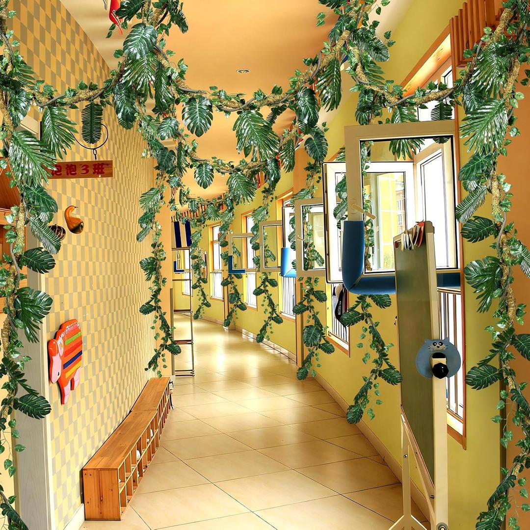 Suncalla 39pcs Jungle Theme Party Decorations 1 10ft Natural Moss Rope 1 10ft Artificial Rattans 36 Tropical Palm Leaves Ivy Fake Vines for Indoor Outdoor Tropical Rainforest Safari Rattan Party Decor