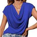 EVALESS Womens Tops Spring Outfits for Women Fashion 2026 Elegant Cowl Neck Short Sleeve T Shirts Blouses for Women Dressy Casual Sexy Off Shoulder Summer Clothes Basic Teacher Shirts, Blue, Size Medium
