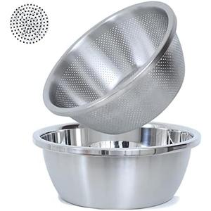 304 Stainless Steel Microporous Colander,2QT Large Capacity with Mixing Bowl For washing vegetables, fruit and rice and for draining cooked pasta(2PC)