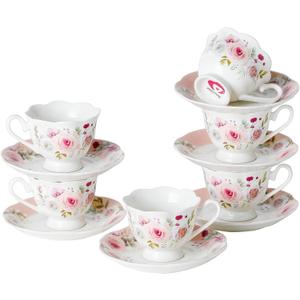 Porcelain Demitasse Set of 6 (12-Piece) - 2.5oz Espresso Cups & Saucers with Romantic Pink Floral Pattern, Dishwasher & Microwave Safe