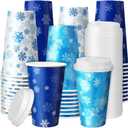 60 Pcs Disposable Snowflake Coffee Cups with Lids Winter Coffee Cups Bulk Insulated Drinking Tea Paper Drinkware for Winter Holiday Travel Home Party Supplies (16 oz)