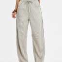 ANRABESS Womens Striped Barrel Casual Pants 2026 Trendy Summer Elastic Drawstring Baggy Lounge Wide Leg Trousers with Pockets (Beige, XL)