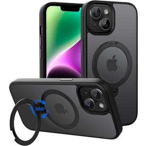 CACOE Magnetic Case for iPhone 13/14 6.1 inch with 360 Rotatable Ring Stand, Compatible with MagSafe Car Phone Mount, Cases Cover Phone Holder for Desk Meeting/Videos Matte Black