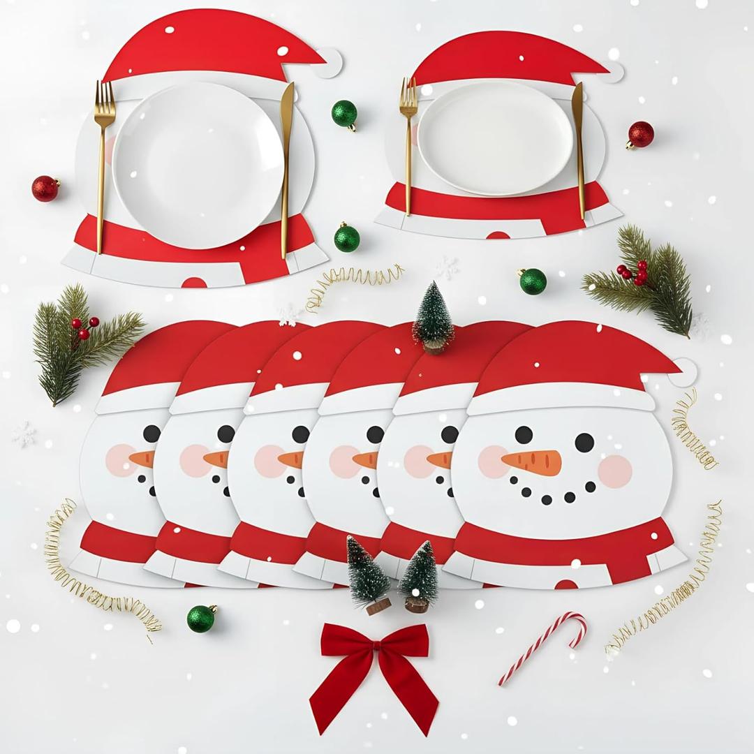 Remerry 6pcs Christmas Placemats Leather Snowman Shape Placemats Seasonal Winter Holiday Table Mats Heat-Resistant for Christmas Party Home Kitchen Dining Decoration