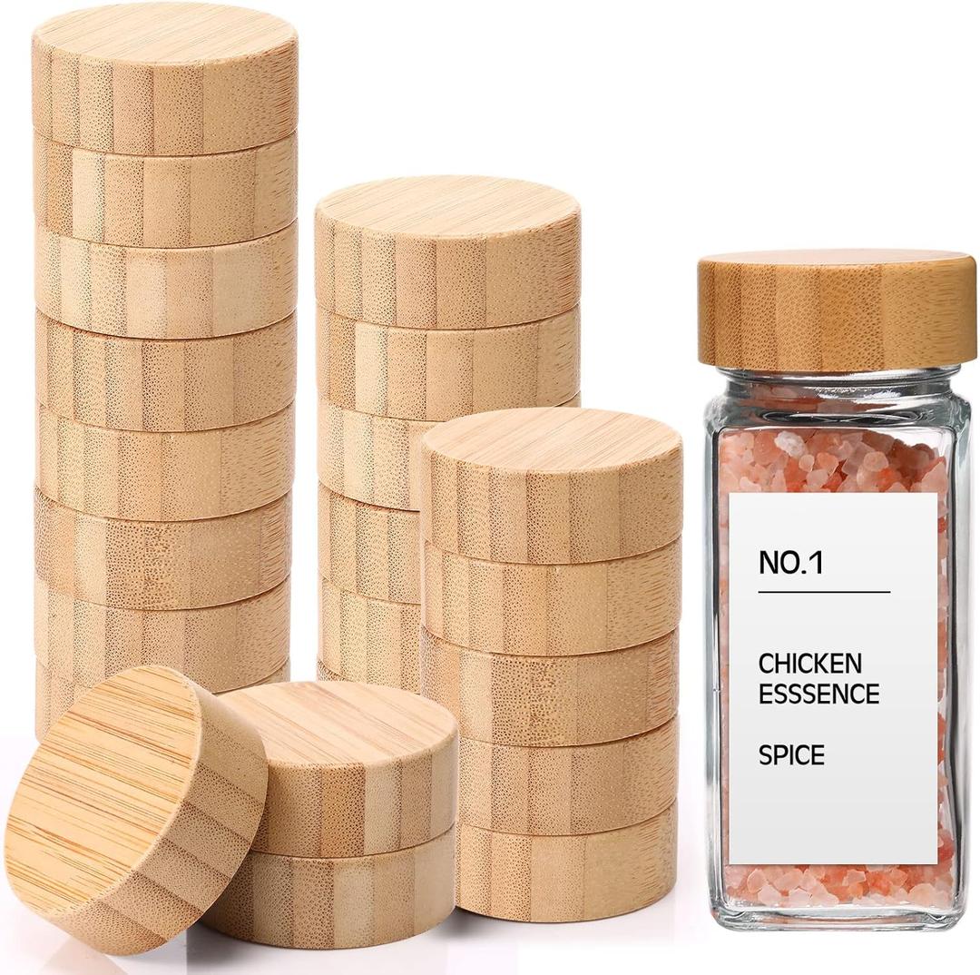 28 Pieces Bamboo Jar Lids Airtight Spice Jars Lids Fits 4 oz and 8 oz Square Spice Jars Reusable Wooden Storage Canning Caps for Nice Sealing Kitchen