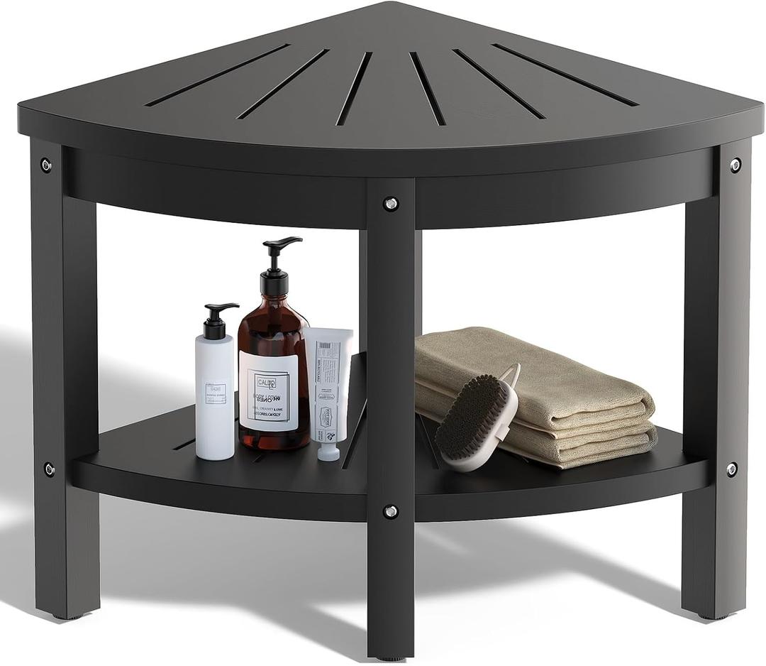 17.7" Shower Stool for Inside Shower, Poly Lumber Corner Shower Bench with Storage Shelf & Adjustable Height Legs, 400LBS Shower Seat, Foot Rest for Shaving Legs, Indoor/Outdoor Use (Black)
