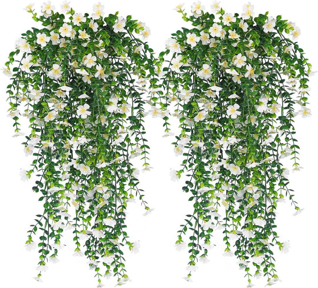 RECUTMS 4 Pcs Artificial Flowers for Outdoors Fake Hanging Flowers Plants 29Inch UV Resistant Silk Daisy Flower Realistic Faux Trailing Vine for Wall Yard Porch Balcony Indoor Outdoor Planters (White)