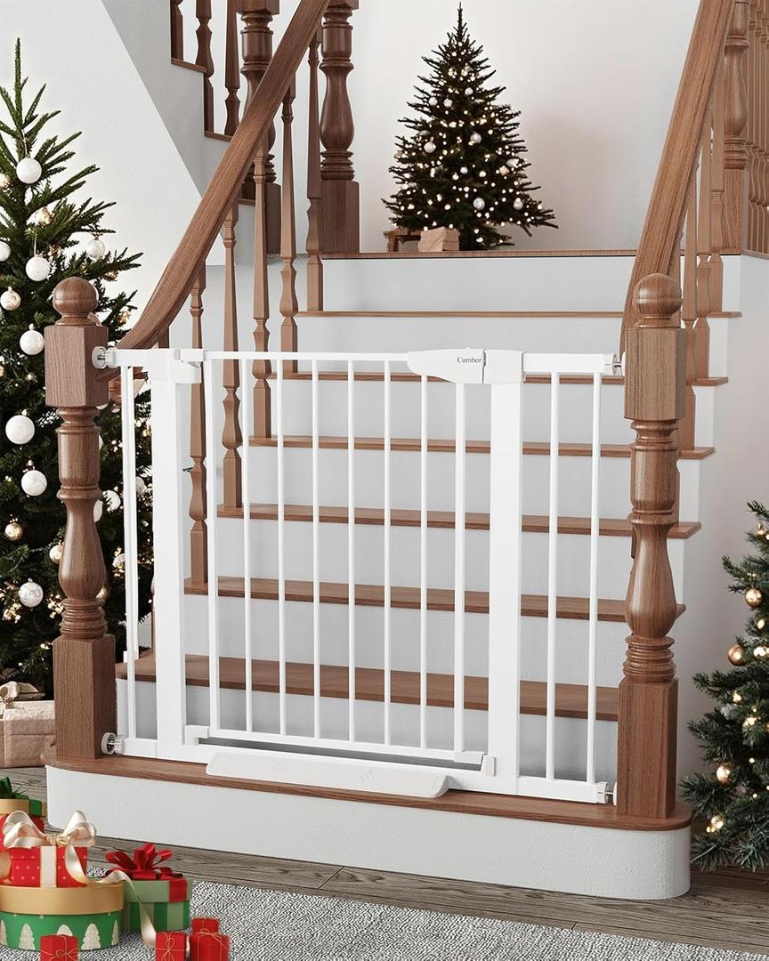 Cumbor 29.7-40.6" Baby Gate for Stairs, Mom's Choice Awards Winner-Dog Gate for Doorways, Pressure Mounted Auto-Close Pet Gates for Dogs Indoor, Safety Child Gate with Easy Walk Thru Door, White (30.5" Tall)