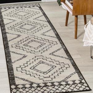 JONATHAN Y Amir Moroccan Beni Souk Cream/Black Runner Rug, 2x10, Bohemian, Scandinavian, Easy-Cleaning for Living Room, Bedroom, Kitchen, Pet Friendly, Non-Shedding (MOH200A-210)