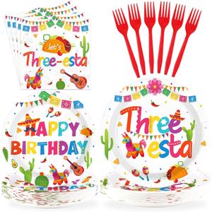 96Pcs Three Esta Party Decorations Mexican Third Birthday Plates and Napkins Tableware Set Mexican Taco 3rd Birthday Decorations Favors for Baby Shower Fiesta Cinco De Mayo Party Supplies Serve 24