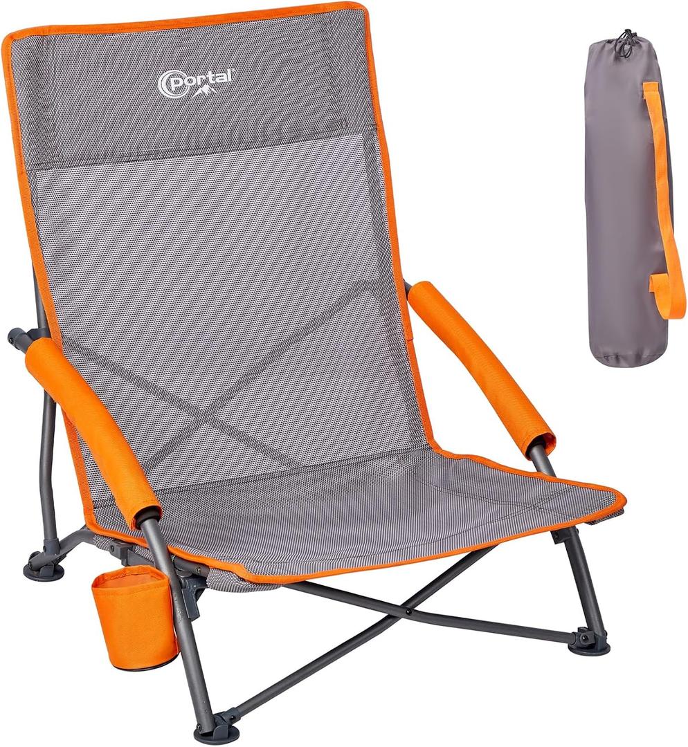 Portal Beach Chairs for Adults Camping Low Lightweight Portable Chair with Cup Holder Mesh Back Carry Bag for Outdoor Sand Lawn Travel Picnic Festival Concert, 24" High Back