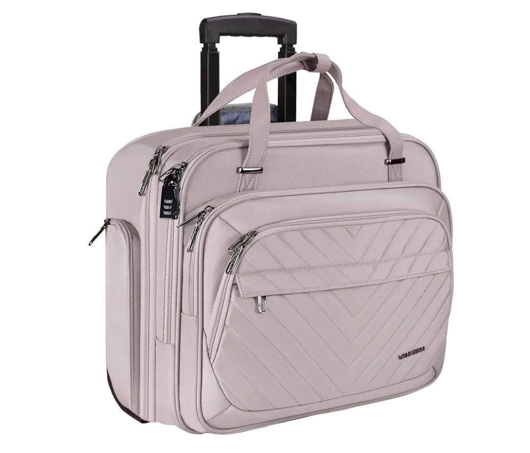 VANKEAN Laptop Bag Women with Wheels, 15.6 Inch Rolling Briefcase for Women, Water Repellent Overnight Rolling Computer Bag with RFID Pockets for Travel Business Work School, Light Dusty Pink