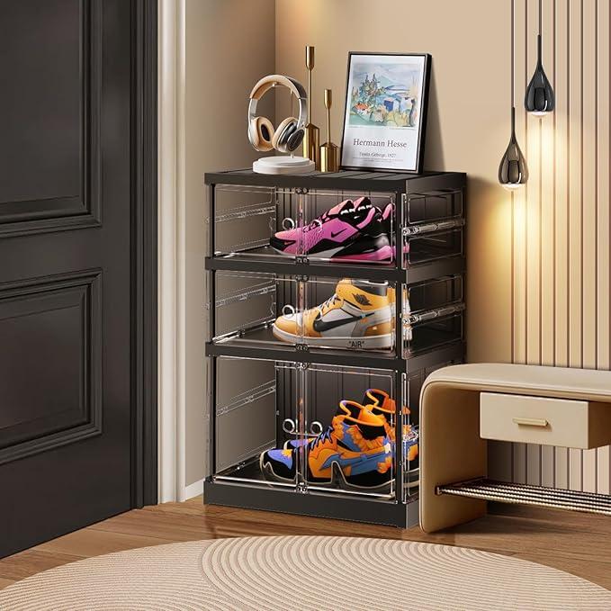 3 Tiers 6 Pairs Foldable Shoe Rack Storage Cabinet, Suitable for Closet Entryway, Collapsible Shoe Storage Organizer Cabinet with Magnetic Door，Easy Assembly (Black)