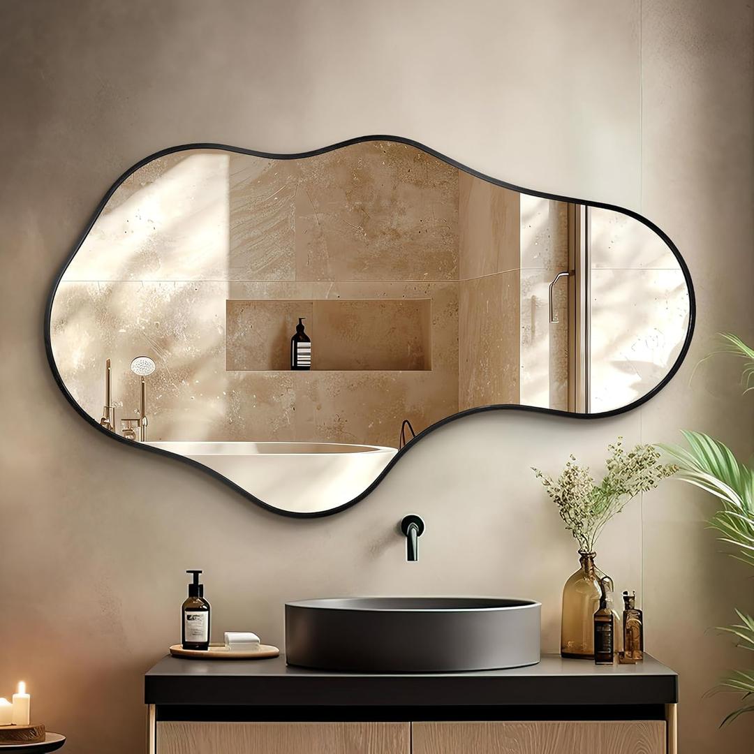 Irregular Wall Mirror - Wall Mirrors Decorative 22"x 36" Asymmetrical Abstract Mirror Aviation Aluminum Alloy Frame Unique for Bathroom, Bedroom, Living Room, Cloakroom, Entryway Black