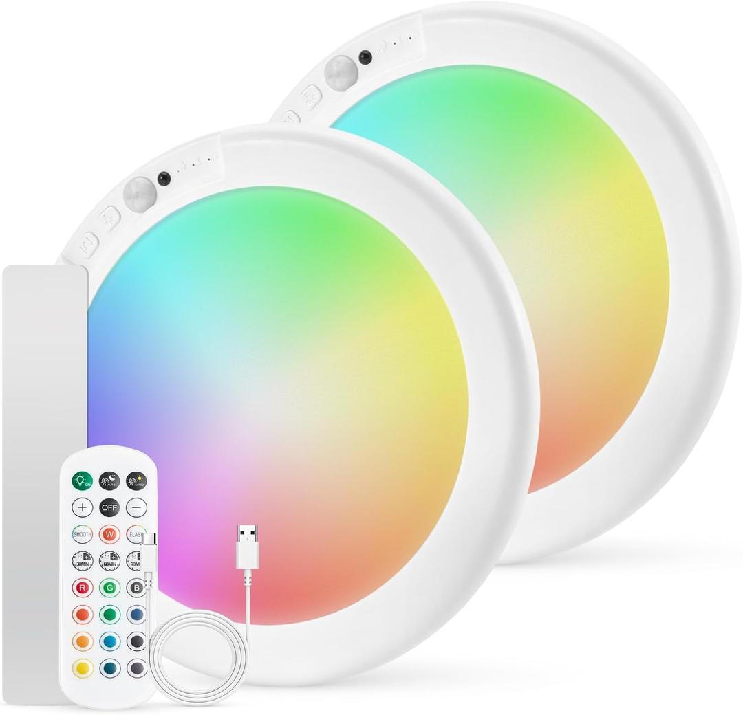 Combuh 2 Pack Rechargeable RGB Ambient Shower Light Waterproof Inside, LED 13 Color Changing Mood Lighting for Bathroom Cordless Battery Operated Stick on Ceiling Lamp with Remote for Bathtub Bedroom
