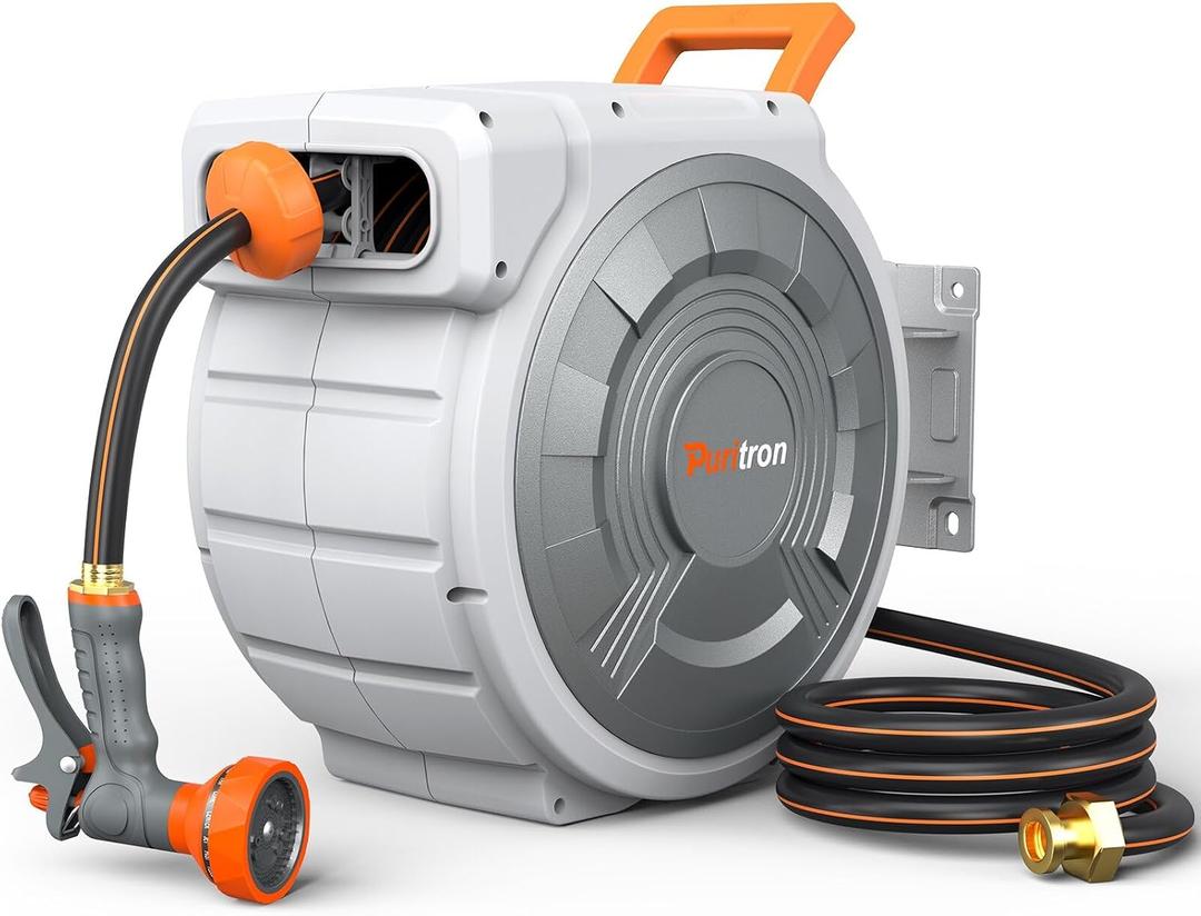 Retractable Garden Hose Reel 5/8"x100ft, 3-Ply Reinforced water hose reel, Any Length Lock, Heavy-Duty Rust Prevention Metal Mount, Brass Fitting, 9 Spray Nozzle for Lawn & Gardening